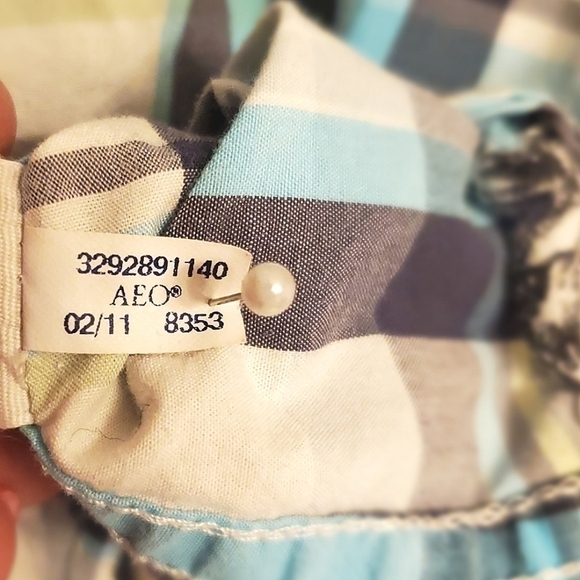 AEO BUTTON DOWN SHIRT PLAID SEERSUCKER SHORT SLEEVES STRIPED WHITE BLUE MENS XL - Picture 12 of 12